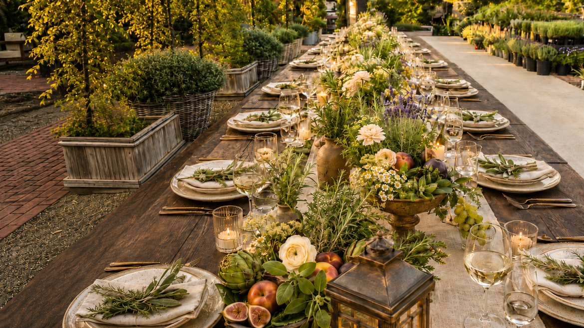 Outdoor dining table set for a garden dinner.